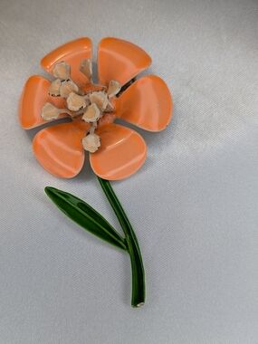 Vintage 1960s 1970s Enamel Orange Flower Power Brooch Pin Green Stem 3"